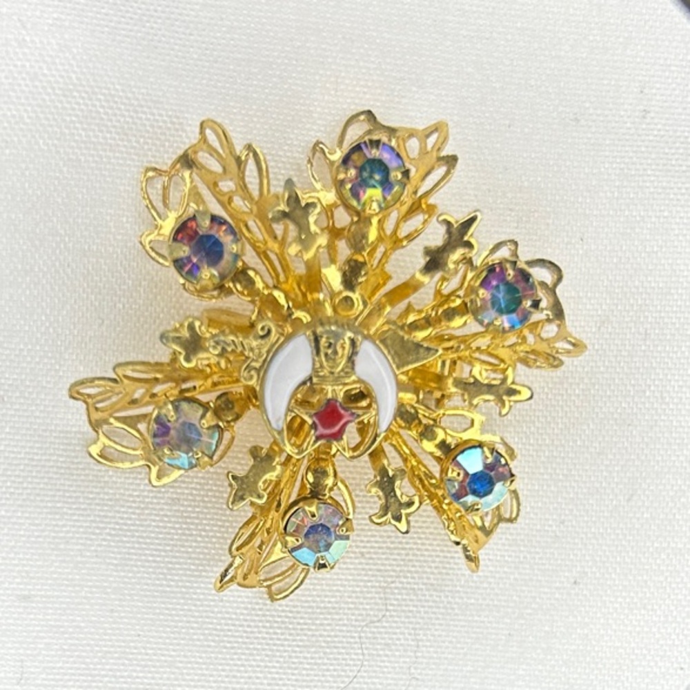 Vintage Masonic, Shriners, (The Shrine) Gold Tone Filigree, Rhinestone Brooch